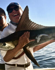 Client with Marlin. Los Barriles fishing charter on the Maria Teresa.